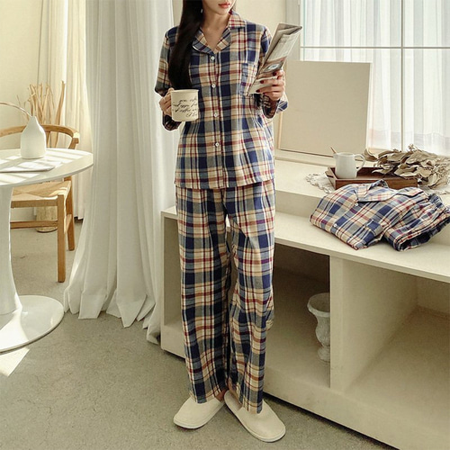 Gimo Beige Check Pajama Set - 커플룩